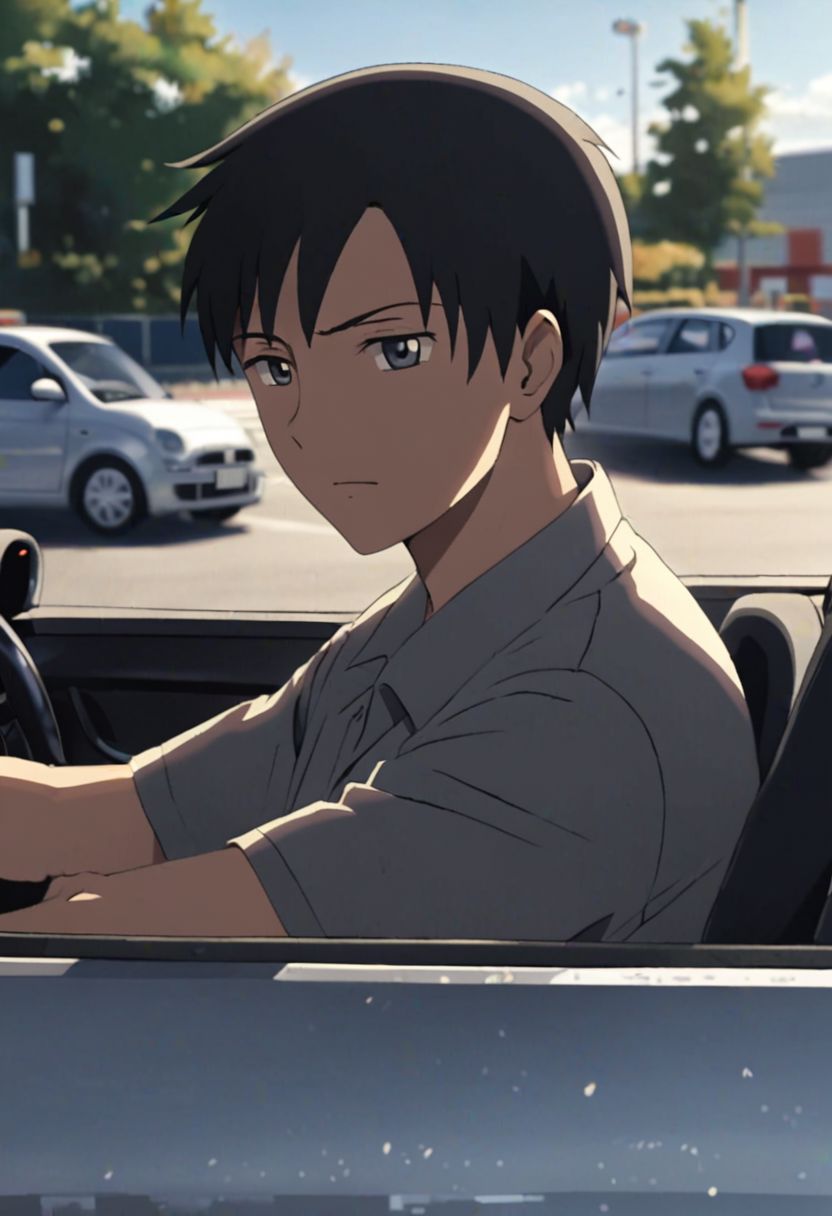 Highres, Masterpiece, High Quality, 4K, 8K, solo, 1Boy, Takaki Toono, adult, black hair, short hair, driving a car, in a car, parking lot, concentration, serious, focused, tired, cheerful, sunny weather, easynegative, detailed_eye_model