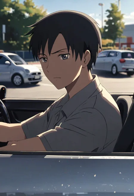 Highres, Masterpiece, High Quality, 4K, 8K, solo, 1Boy, Takaki Toono, adult, black hair, short hair, driving a car, in a car, parking lot, concentration, serious, focused, tired, cheerful, sunny weather, easynegative, detailed_eye_model