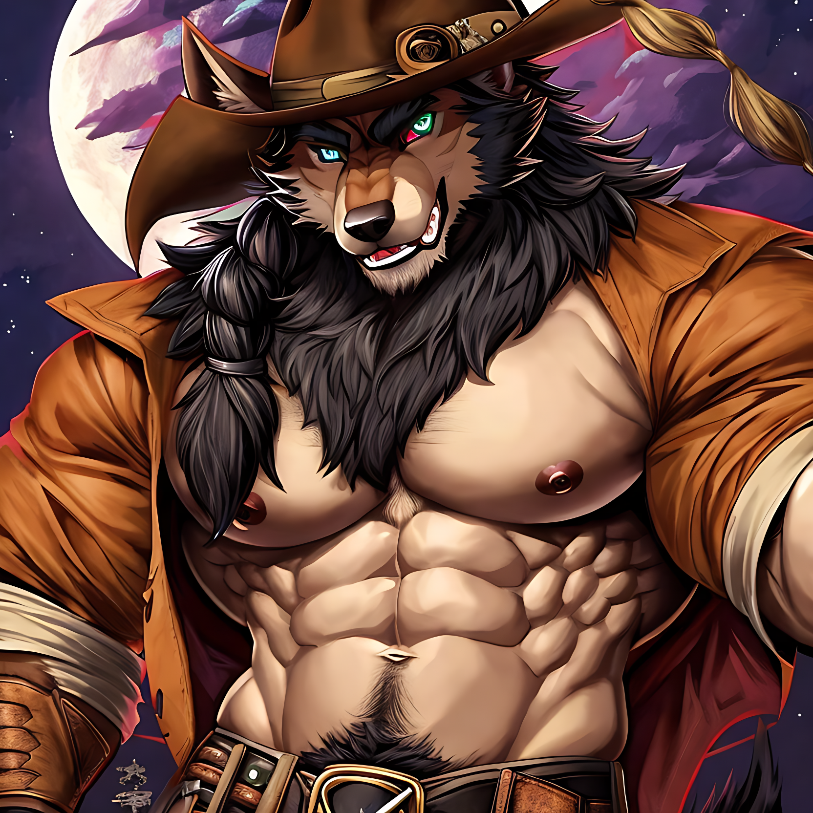 zannon uau koitsu (bara)+, muscular, werewolf, cowboy cloths stunning eyes