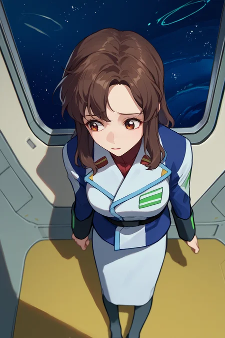 score_9, score_8_up, score_7_up, score_6_up, source_anime, BREAK 1girl, solo, <lora:murrue-pdxl-nvwls-v1-000005:1> murrue ramius, brown hair, white and blue jacket, blue sleeves, white skirt, pantyhose, breasts, outer space, indoors, space station, from above, worried