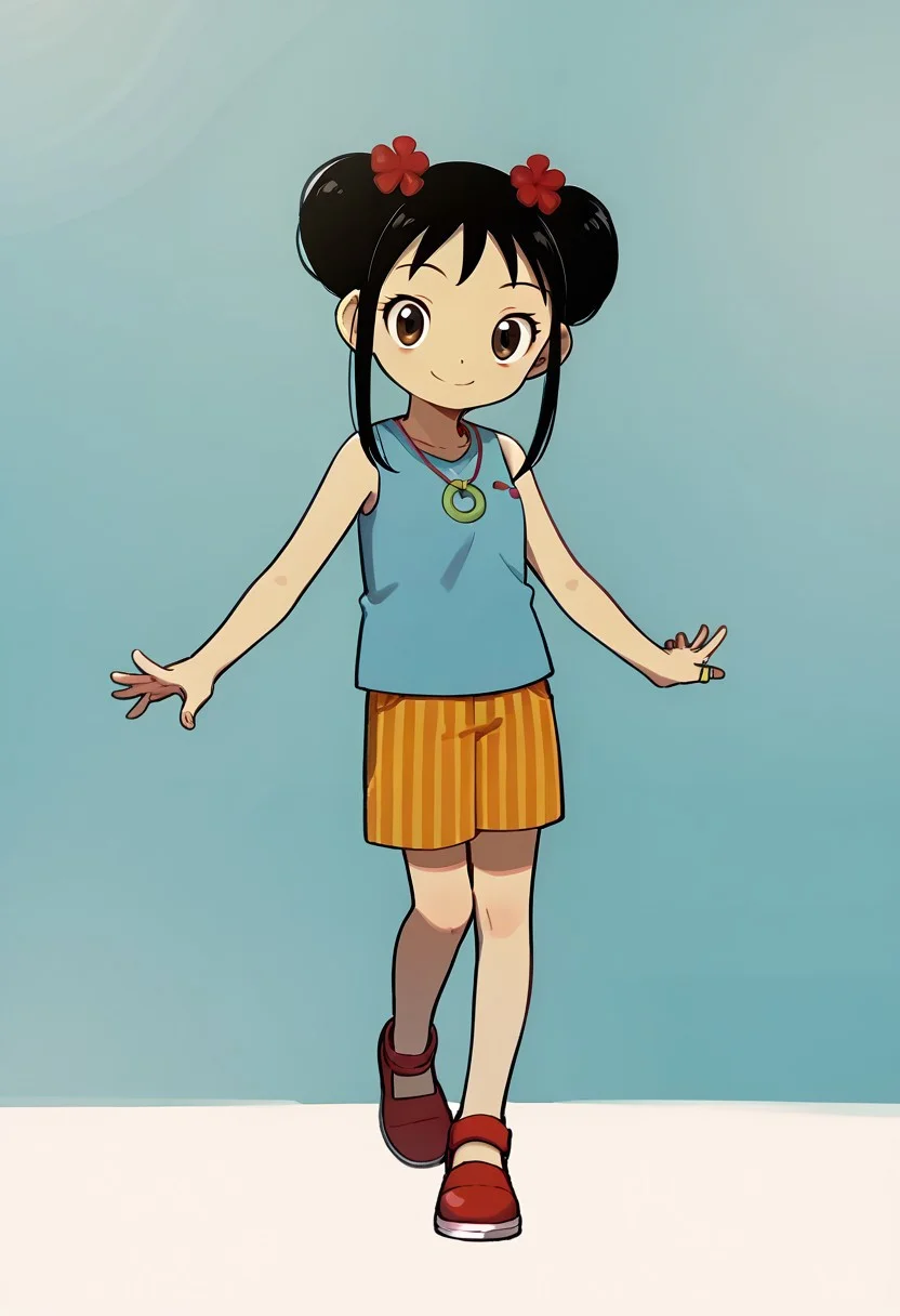 score_9, score_8_up, score_7_up BREAK Kailan, 1girl, black hair, odango hairstyle, brown eyes, red flower-hairclips, light blue tank top, red necklace with gold ring, vertical stripes orange shorts, red shoes with white accents, smiling at viewer, full body,