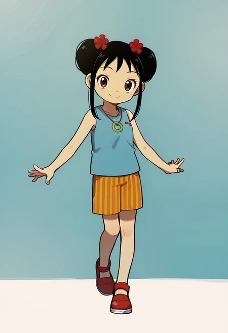 score_9, score_8_up, score_7_up BREAK Kailan, 1girl, black hair, odango hairstyle, brown eyes, red flower-hairclips, light blue tank top, red necklace with gold ring, vertical stripes orange shorts, red shoes with white accents, smiling at viewer, full body,