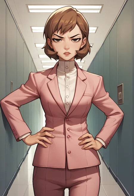 score_9, score_8_up, score_7_up, source_anime, 1girl, looking at viewer, parted lips, frown, narrowed eyes, hand on hip, <lora:zs_ToriumiXL:1> toriumip3, short hair, brown hair, brown eyes, pink blazer, pink pants, indoors, school, hallway