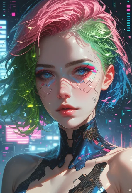 score_9,score_8_up,score_7_up,best quality,very aesthetic,absurdres,masterpiece,colourful,
1girl,solo,asymmetrical hair,short hair,blue hair,green hair,pink hair,multicolored hair,blue eyes,eyeliner,eyeshadow,makeup,bare shoulders,looking at viewer,(cyberpunk),hlpr,futuristic,hologram,glitch,holographic face,ui,interface,nodes,particles,(glowneon),(glowing), (western:0.6), (european:0.6)