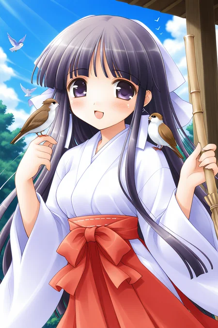 masterpiece, best quality, absurdres, official art, official style, general BREAK <lora:arisakamatsuri_IL_v1-2:0.7>, arisaka matsuri, 1girl, solo, purple eyes, black hair, purple hair, very long hair, blunt bangs, sidelocks, hime cut, hair ribbon, white ribbon, medium breasts, earrings, miko, white kimono, long sleeves, wide sleeves, red bow, waist bow, red sash, red hakama, hakama skirt, bamboo broom, bird, sparrow, bird on shoulder, hands up, :d, day, heart, blush, cloud, bird on hand, smile, open mouth, looking at viewer, dutch angle, outdoors, feathers, blue sky, wind, tree, floating hair, holding bloom