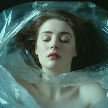 cinematic film still of  <lora:Twin Peaks style:0.9>
In the 1990's a pale skin woman laying in a plastic bag with her eyes closed,1girl,solo,long hair,brown hair,closed eyes,lying,lips,eyelashes,ice,realistic,glass,broken glass , realistic, sharp, detailed, classic, 1990's suspense style, film light style, photography, artistic, perfection, contrast, cinematic, filmic, high quality photo,  David Lynch style, Twin Peaks style, shallow depth of field, vignette, highly detailed, high budget, bokeh, cinemascope, moody, epic, gorgeous, film grain, grainy