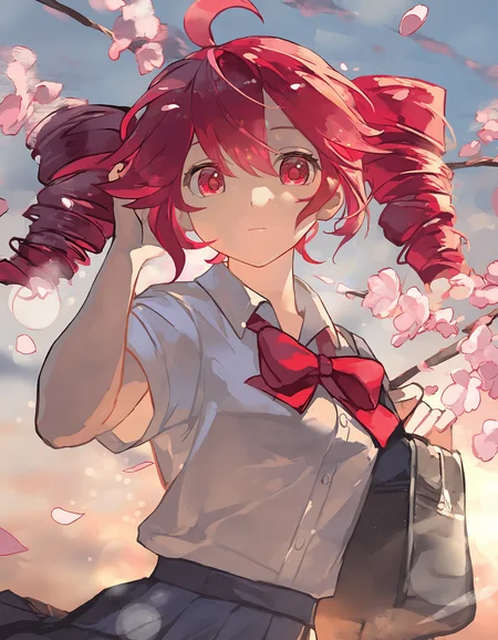 very awa, 1girl, kasane teto, school uniform, red bow, falling petals, wind, light theme, light rays, looking at viewer, hand in own hair, expressionless, light particles, alternate costume, dress shirt, pleated skirt, dynamic angle, outdoors, pink lighting, orange lighting, close-up, short sleeves, one hand at side, school bag, dutch angle, bloom, sunset, three quarter view, blurry edges, spring \(season\), cherry blossoms, sunlight, blue sky, cloud, petals, solo, blurry background, bag on shoulder, (bokeh:1.5) [masterpiece:0.15], [best quality:0.15], [newest:0.15], [absurdres:0.15] <lora:stylelora-000010:1>
