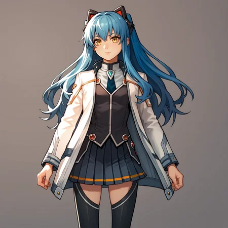 score_9, score_8_up, score_7_up, score_6_up, score_5_up, score_4_up, BREAK, solo,
<lora:tio2-000017:0.9>, tioplato, long hair, blue hair, yellow eyes, fake animal ears, tiocs, white jacket, pleated skirt, thighhighs,