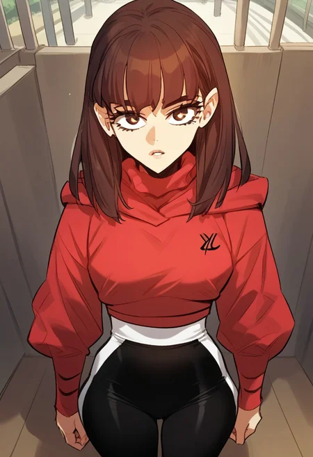 zPDXL3, score_9_up, score_8_up, score_7_up, (Anime_source), JisuYun, brown eyes, brown hair, long hair, JisuYun clothes, red sweatshirt, leaning towards, cowboy shot, from front, looking at viewer, cowboy shot, standing, parted lips, from above, dutch angle