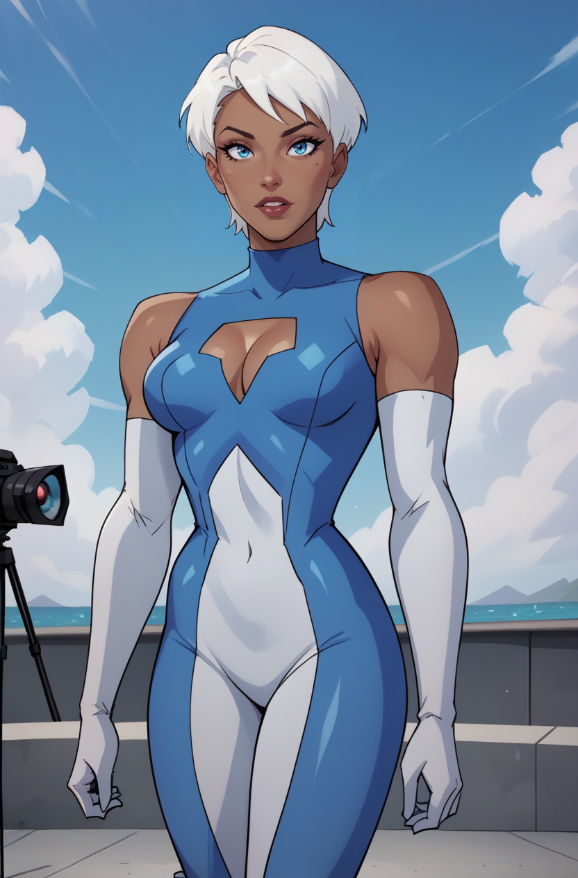 score_9, score_8_up, score_7_up, score_6_up, masterpiece, high quality, perfect face, perfect eyes, JLUIce, 1girl, white hair, short hair, blue eyes, bodysuit, elbow gloves, fur-trimmed boots, cleavage cutout, dark skin, dark-skinned female, white gloves, ice magic, casting, 
 <lora:JLUIce-80REPS:1>