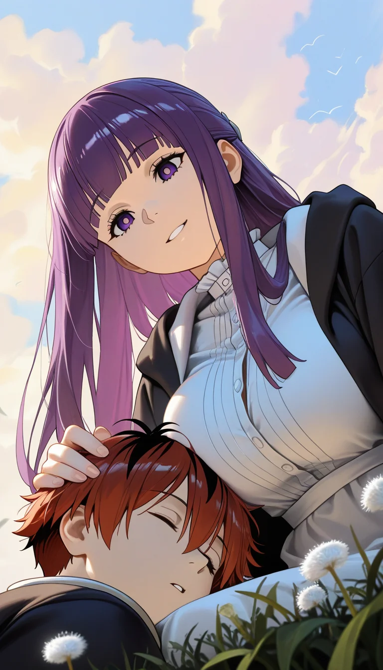 (masterpiece, best quality), amazing quality, very aesthetic, absurdres, highres, newest, HDR, 8K, chiaroscuro, impasto, intrinsic light, luster, shiny color, strong coloring, masterful shading, high contrast, real,
1girl, fern \(sousou no frieren\), purple eyes, purple hair, long hair, blunt bangs, parted lips, under breasts, upper body, looking down, directly below, knee, low angle sleeping with one's head in another's lap, stark \(sousou no frieren\), smile, side view, dutch angle, outdoors, Dandelion fluff soaring, sky, Forehead distance, leaning forward, foreshortening, perspective,