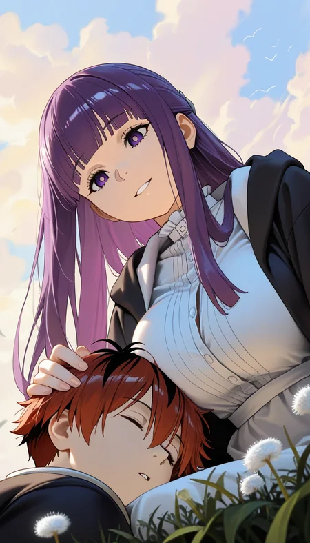 (masterpiece, best quality), amazing quality, very aesthetic, absurdres, highres, newest, HDR, 8K, chiaroscuro, impasto, intrinsic light, luster, shiny color, strong coloring, masterful shading, high contrast, real,
1girl, fern \(sousou no frieren\), purple eyes, purple hair, long hair, blunt bangs, parted lips, under breasts, upper body, looking down, directly below, knee, low angle sleeping with one's head in another's lap, stark \(sousou no frieren\), smile, side view, dutch angle, outdoors, Dandelion fluff soaring, sky, Forehead distance, leaning forward, foreshortening, perspective,