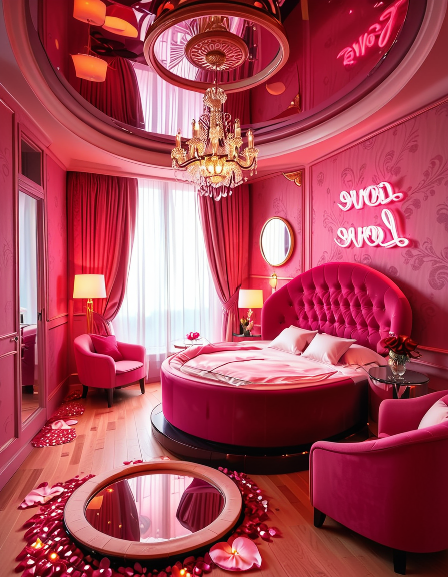 A luxurious, stylish love hotel room,love hotel r00m with a romantic and intimate atmosphere. The room features a large, round king-sized bed with silky red and black sheets, surrounded by soft, ambient lighting. Neon pink and purple LED lights illuminate the walls, creating a sensual glow. A plush velvet sofa sits near the bed, with a glass-topped coffee table holding champagne glasses and a chilled bottle of champagne. The ceiling has a large mirror, reflecting the entire room. On one side, thereâs a floor-to-ceiling window with sheer curtains, showing the night cityscape in the background. A modern jacuzzi tub with rose petals floating on the water is visible in the corner, surrounded by candles. The room has a sleek, modern design with a touch of opulence, including gold accents on the furniture and warm wooden floors. The lighting is dim and moody, emphasizing the romantic ambiance.
<lora:SDXLFaeTastic2400:0.4> <lora:extremely_detailed:0.4> extremely detailed, <lora:love_hotel_r00m:1>, Masterpiece,best quality,hi res,8k,hi res,8k,award winning,(sharp focus, intricate, highly detailed),