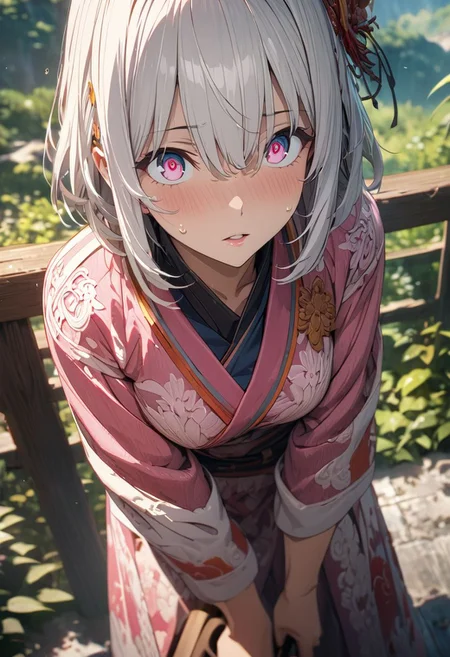 gorgeous lips, cinematic, (masterpiece), (best quality), (ultra-detailed), very aesthetic, illustration, perfect composition, intricate details, absurdres, detailed face, (anime, masterpiece, intricate:1.3), (best quality, hires textures, high detail:1.2), (4k),(incredibly detailed:1.4)  (beautiful detailed face, beautiful detailed eyes) ,extreme details eyes
anime girls
white hair
short hair
hair ornament
katana
yukata
one person
standing
pink color
clothing
water
nature
day
real people
adult
focus on foreground
occupation
women
outdoors
selective focus
holding
railing
looking
lifestyles
uniform
warm clothing
nsfw
haired
animated
woman
illustration