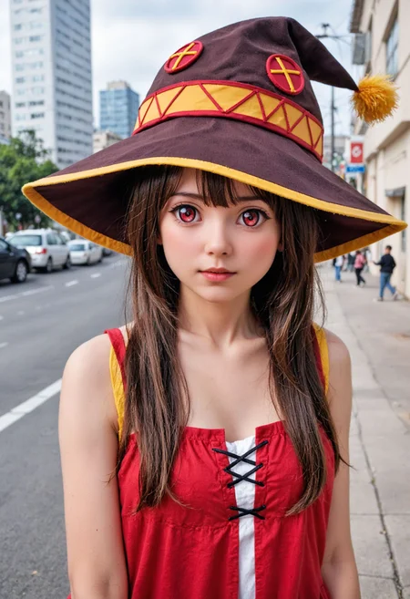 <lora:Hyper-SDXL-8steps-lora:1> zPDXLrl, score_9, score_8_up, score_7_up, score_realistic, best quality, intricate details, perfect anatomy, realistic, hyperrealistic, photo, professional lighting, ultra highres, extremely detailed, detailed eyes BREAK
1girl, clothed, expressionless, upper body, megumin, (kono subarashii sekai ni shukufuku wo!:0.8), brown hair, red eyes, hat, 
outdoors, city, tokyo, japan, 
<lora:anime_lovedoll_XL(pony)v11:0.8>