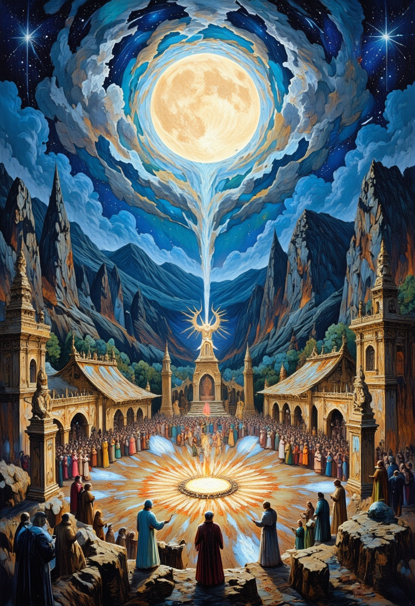 A grand festival of mythical beings under a glowing moon and shooting stars, Mythical Events and Rituals in memadukan_painter art style, <lora:Memadukan_Brush_Strokes_of_Fineart-000001:1.0>