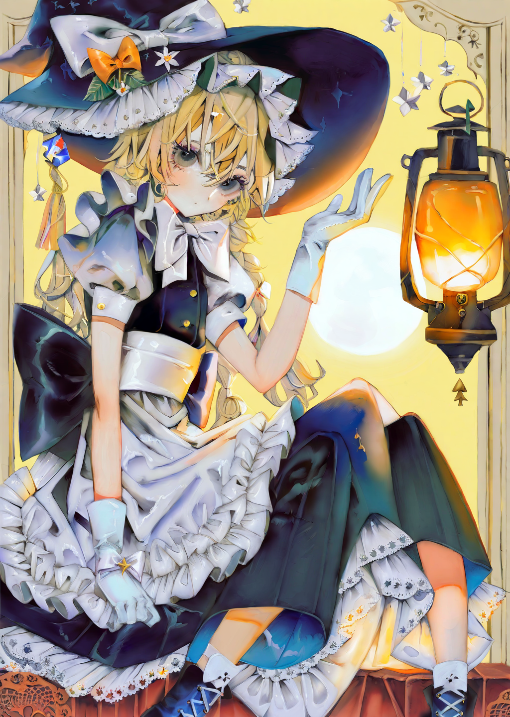 by yogisya, 
(Kirisame Marisa(touhou):1.1),1girl, solo, hat, long hair, blonde hair, witch hat, braid, yellow eyes, apron, short sleeves, skirt, waist apron, looking at viewer, puffy sleeves, vest, sitting, hat bow, black skirt, puffy short sleeves, single braid, blush, bow, white bow, star \(symbol\), hand between legs, shirt, between legs, white shirt, lantern, black headwear, hair between eyes, wariza, gloves, black vest, side braid, bangs, skirt set, white apron, hand on headwear, closed mouth, white gloves, arm up, seiza
  best quality, masterpiece,