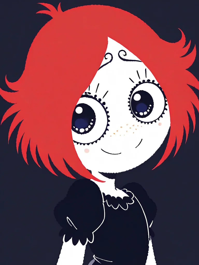 score_9, score_8_up, score_7_up,
1girl, ruby gloom, red hair, short hair, white skin, freckles,
black eyes, hair tuft,
smile, closed mouth, face, black background, looking at viewer, black dress, puffy short sleeves,