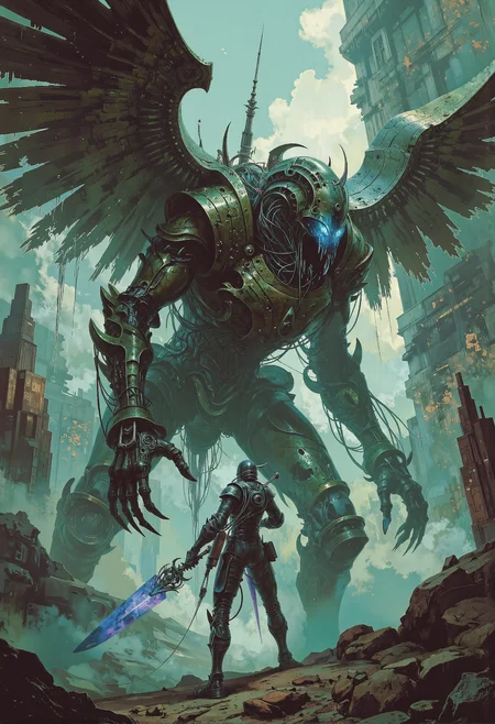 concept art . art by Zdzislaw Beksinski. standoff. sci-fi android with giant spectral blade versus giant mechanical monstrosity with wings. intense. spikes, wires. dutch angle. epic, glorification. action, scene. <lora:Warhammer_Rogue_Trader_Style_flux-000021.safetensors:0.5>, <lora:Elden_Ring_-_Yoshitaka_Amano.safetensors:1.0>, <lora:ARTifacts.safetensors:0.5>, <lora:Luminous_Shadowscape-000016.safetensors:0.1>, <lora:Glitchcore_Flux.safetensors:0.4>, . digital artwork, illustrative, painterly, matte painting, highly detailed