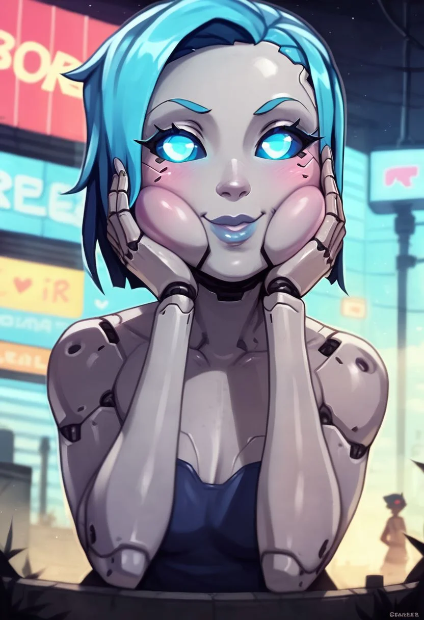 score_9, score_8_up, score_7_up, a cute girl smiling, viewed from behind, ;P, robot girl, android girl, (glowing blue eyes, solid blue eyes, glowing eyes, solid blue sclera, cyan), (blue hair, cyan), robot joints, ((grey artificial metal skin), cyberware lines, cyberware lines on face, robot skin lines on cheeks), in a cyberpunk city, cyberpunk, neon lights, [[drawn by owler, drawn by cyancapsule, ]:0.6]  ((wearing a cute futuristic short strapless dress))