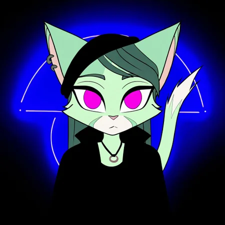 L1l1th_Ca1a4,1girl,solo,furry,furry female,cat girl,long hair,green hair,cat ears,purple eyes,snout,animal nose,body fur,two-tone fur,green fur,white fur,cat tail,
watching over black sunglasses, jacket, necklace, neon light reflections on skin, ear ring, makeup, skin imperfection, cute hair, beanie, neon lights background, low light, depth of field, highly detailed, high contrast, film grain, Rim Lighting, Long Exposure, DSLR,