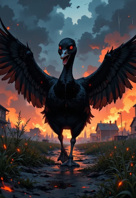 A highly detailed digital painting of lonely black cute goose walking towards the viewer. The goose's eyes are red, and have an ominous red glow. The goose has its large wings spread wide and its beak open as if it is about to take flight.A farm is in flames on the background. The scene has dark clouds with rain and fog making it an ominous sight.