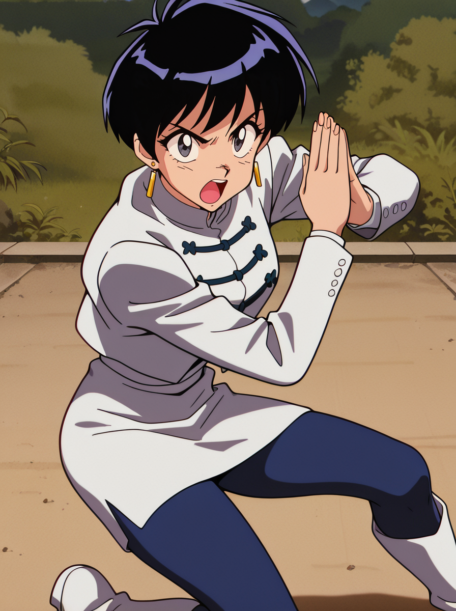 masterpiece, best quality, amazing quality, very aesthetic, absurdres, newest, looking at viewer anime screenshot,  anime coloring, <lora:MerylStryfe:1>merylstryfe, 1girl, solo, black hair, jewelry, earrings, short hair, female focus, retro artstyle, long sleeves, black eyes blue pantyhose,  white_boots , fighting stance,  open mouth,
