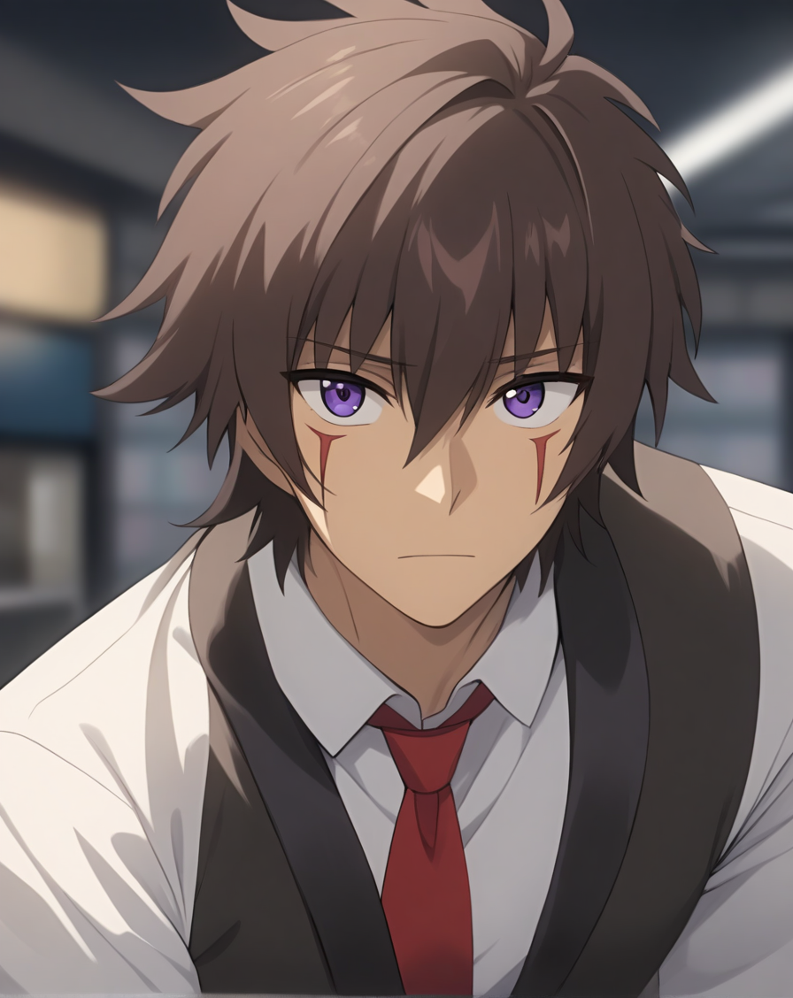 masterpiece, best quality, very aesthetic, absurdres, very detailed, safe, depth of field, ((1boy, solo, male only, male focus, upper body)),  <lora:akuto_sai_sdxl_lora:0.8>, (sai akuto, facial mark, brown hair, short hair, hair between eyes, bangs, purple eyes), black uniform, collared shirt, white shirt, red tie, looking at viewer, facing viewer,