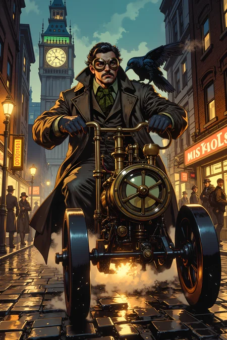In the dim glow of flickering gas lamps, a mustachioed engineer in a soot-stained leather coat glares at a clunky, steam-powered automaton frozen mid-stride. His brass-rimmed goggles are pushed up onto his forehead, revealing furrowed brows and piercing green eyes filled with frustration. The contraption, meant to be a self-winding delivery machine, hisses angrily as steam escapes from its joints, gears grinding uselessly. The cobblestone street beneath them is slick with rain, reflecting the neon glow of a nearby clock tower that looms over the industrial skyline. Sparks dance from the automatonâs exposed wiring, sending plumes of acrid smoke curling into the damp night air. The engineer's gloved hands clutch a wrench so tightly his knuckles turn white, as if sheer force of will might intimidate the machine into compliance. Behind him, passersby in top hats and corsets give him a wide berth, some shaking their heads at yet another failed marvel of modern ingenuity. A brass raven perched on his shoulder lets out a metallic caw, its red eyes flashing in amused mockery of its masterâs plight. The city around them hums with the constant churn of progress, but here, in this moment, technology has stubbornly refused to cooperate. , detailed background Fantastic lighting. Detailed shadows.intricate details, vivid colors, hyper-detailed, ultra-sharp, , <lora:RetroAnimeFluxV1:0.4> <lora:Vintage comic book:0.7> <lora:MoriiMee_Gothic_Niji_Style_FLUX:1.0>