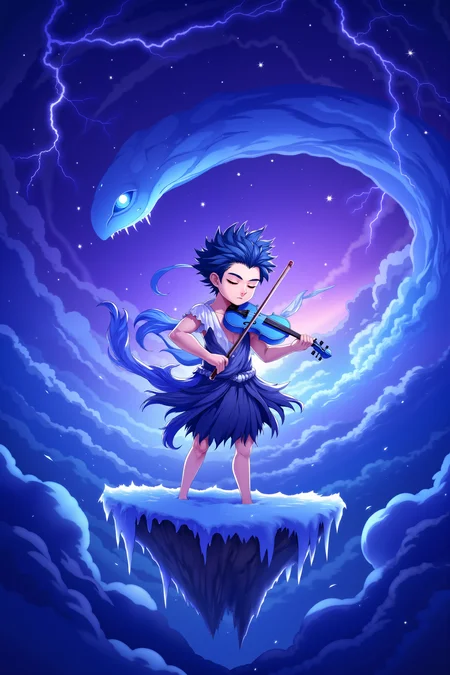cartoon of A young man with spiky, cobalt blue hair and alabaster white skin is playing a nice violin made of crystallized ice atop a floating island in the middle of a swirling, violet storm cloud. Heâs dressed in a tattered, ethereal robe that seems to be woven from strands of mist and stardust, fluttering in the strong winds. As he plays, his right hand on the fiddle, the music resonates through the storm, causing the clouds to pulse and change color in time with the melody. Lightning flashes in the distance, but it seems to dance to the rhythm of his playing, creating a mesmerizing light show. The boyâs eyes are closed, his face serene and focused, as if heâs lost in the music. The floating island is covered in frost, and icicles hang from its edges, glinting in the flashes of lightning. Despite the chaotic environment, thereâs a sense of calm around the boy, as if heâs in perfect harmony with the storm. The scene captures the unusual and captivating beauty of a manâs music controlling the wild forces of nature. (video game cartoon, high-resolution, dynamic, energetic, dramatic lighting, shallow depth of field.), detailmaximizer<lora:detailed_flux_ntc:2.2><lora:aidmaImageUpgrader-FLUX-V0.1:0.65><lora:Videogame_Cartoon_Flux>