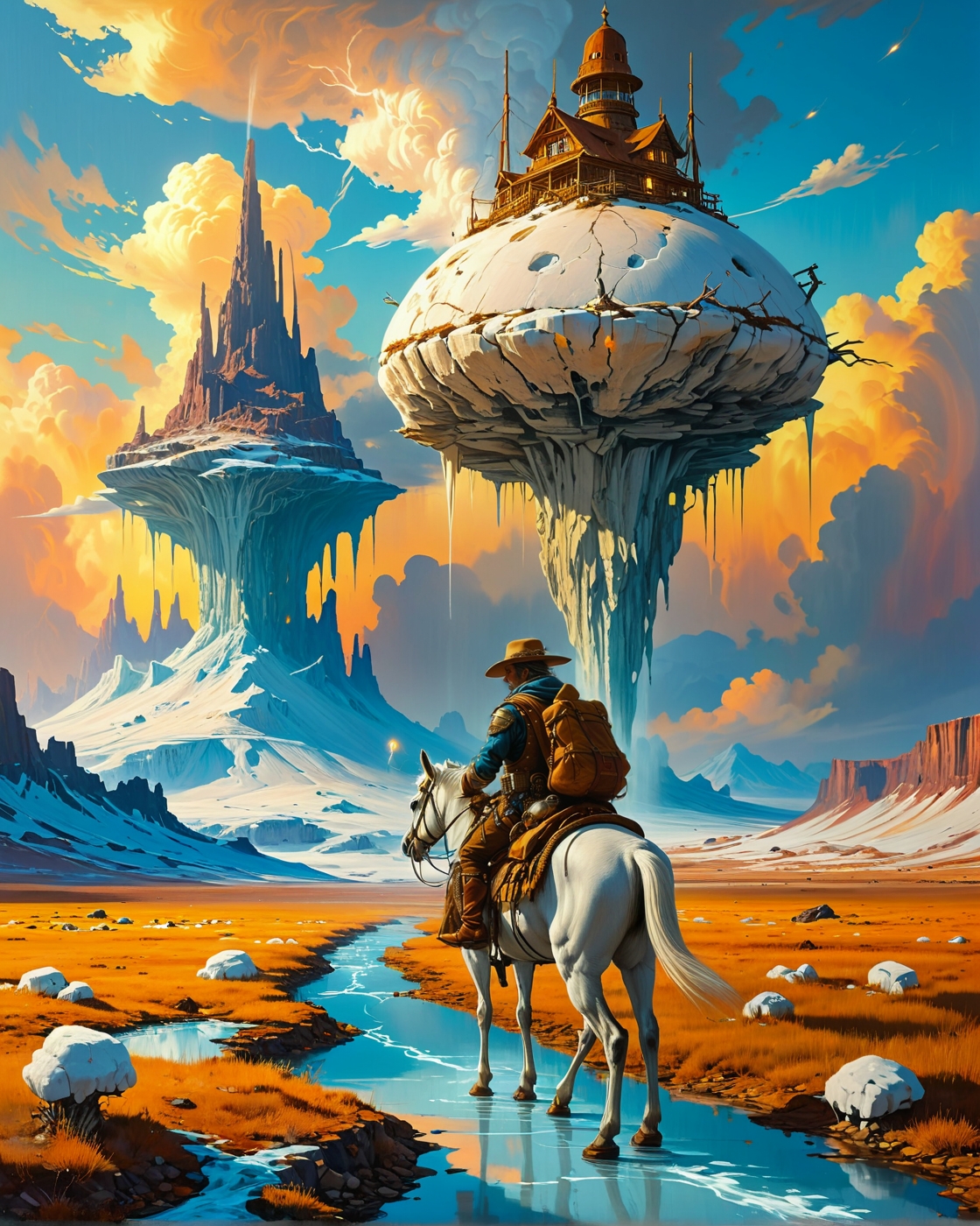 fantasy landscape, random rider in landcscape,
Winter glacier calving birthing subzero AI crèches in Fungal spaceport with mycelium control towers under Stratocumulus vesperalis colored by chemtrail palettes,
Gentle drizzle refracting sunlight,
Sunrise painting peaks in gold,
Factory flare stacks painting skies,
acid-etched archives floating on molten glass lakes,
<lora:extremely_detailed:0.7> extremely detailed,
<lora:add-detail-xl:0.4>,
 <lora:dreamshaperXL10_lora:0.35>
<lora:Illustration_Insanity:0.7>,
<lora:tbh129-sdxl:0.3> style of Michael Cheval,
<lora:tbh330-sdxl:0.3> style of James C. Christensen,
 detailxl,
 advntr,