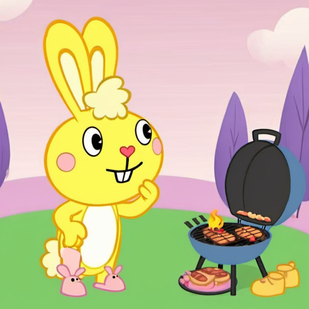 cartoon, a cute yellow rabbit with pink sleepers, making a barbecue, house garden, text ("What*could*go*wrong*?") <lora:Cuddles1024:0.8>