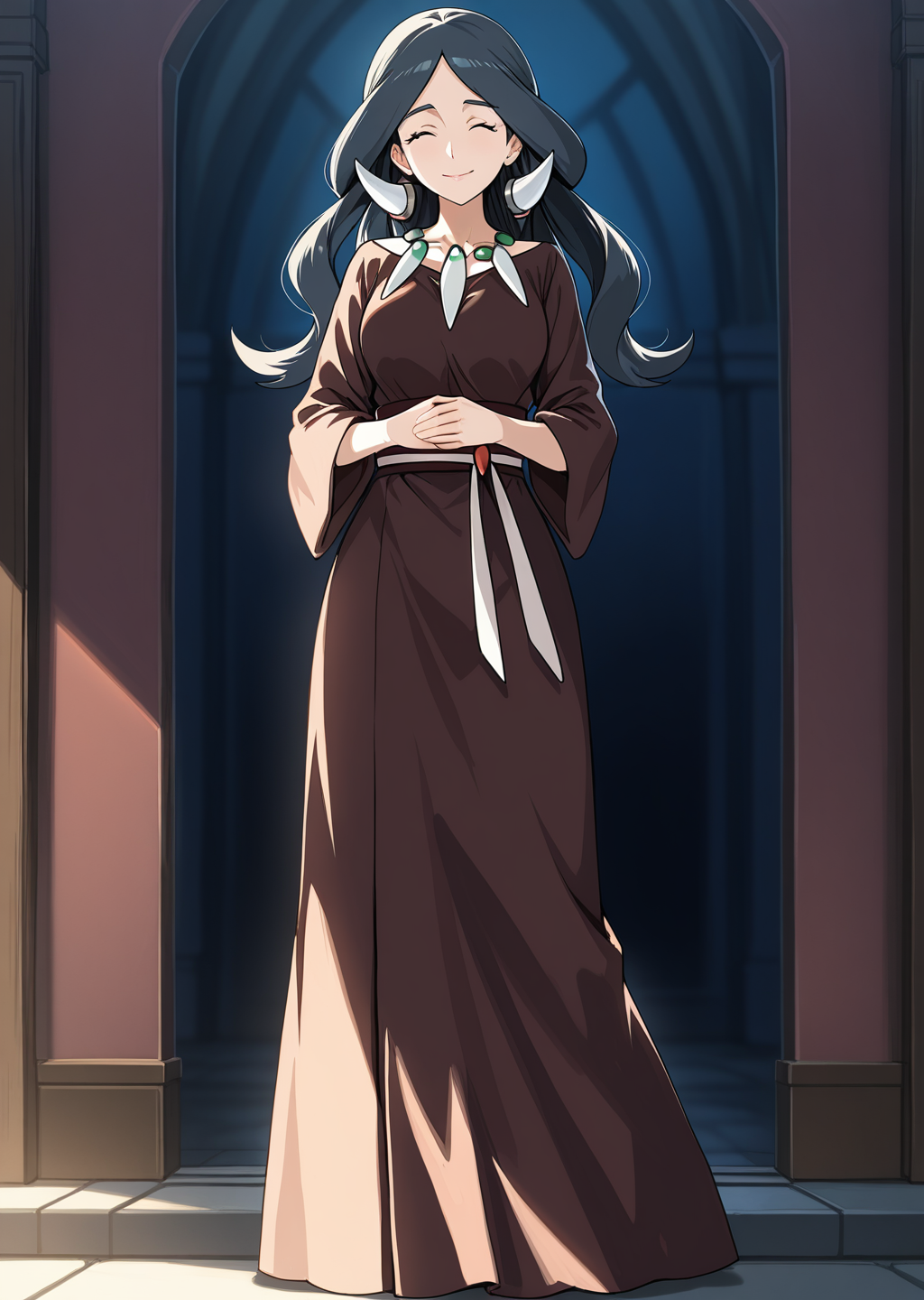 score_9, score_8_up, score_7_up, score_6_up, score_5_up, score_4_up, masterpiece,  detailed, high quality, BREAK, full body, 1girl, shiny skin,    <lora:Drasna (Pokemon X&Y) [Illustrious]:0.8> long hair, black hair, necklace, drasna (pokemon), drasna, eyes closed, hairpiece, closed eyes, mature female,