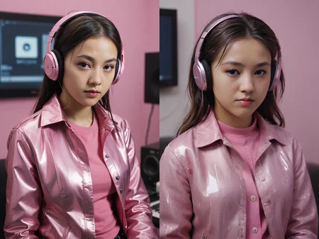 a <lora:RMSDXL_Photo:3> commercial portrait a girl in pink shirt and pink jacket is listening to music, in the style of made of liquid metal, deconstructed tailoring, webcam photography, duckcore, bold curves, chinapunk, ferrania p30