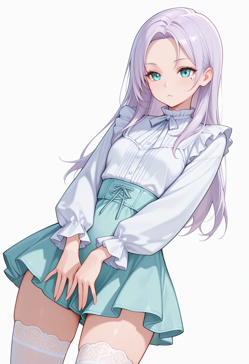 Smooth Quality,masterpiece,very intricate, high quality details, ultra realistic, high detailed skin,detailed enviorement,absurdres,
spread fingers,
<lora:Kate_Takayama_CNR:0.8> kate_cnr, 1girl,light purple hair, long hair, aqua eyes, mole under eye,, simple background, white background, dutch angle,solo,, :<,, undershirt,frilled shirt,hobble skirt, ,lace-up thighhighs,