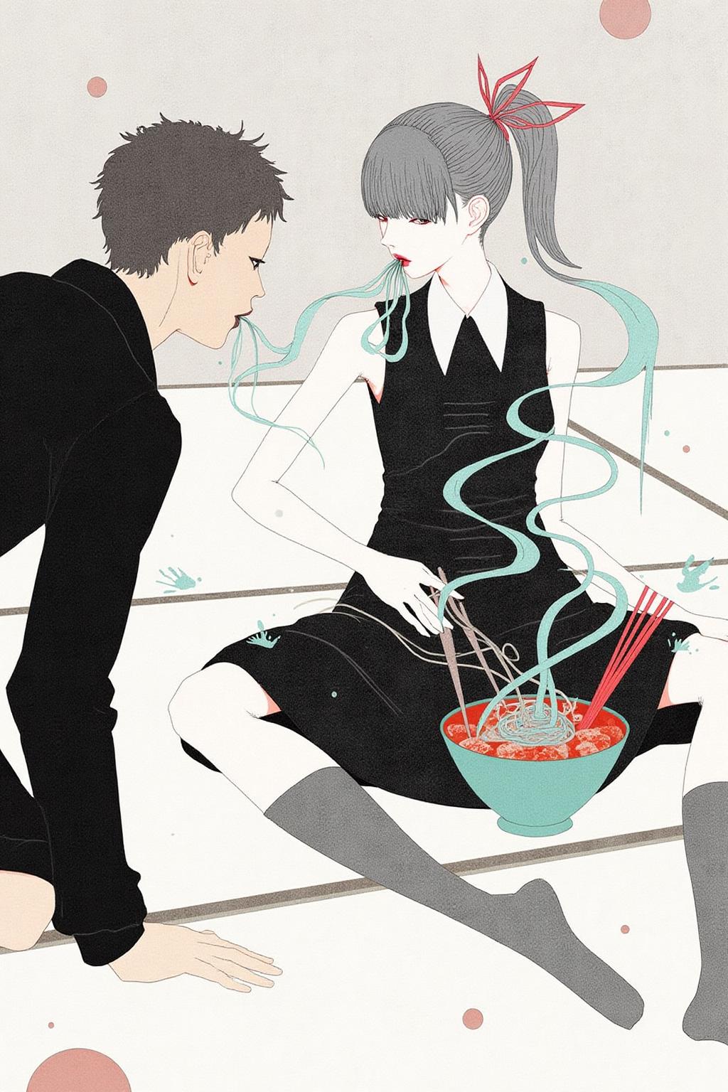 kchiba1 illustration. 
On the right, a young woman with a slender, athletic build is seated on the ground. There is a bowl of hot ramen in front of her. She is slurping strands of noodles. On the left is a man, his back to the viewer, with his hand on the ground. <lora:kchiba1_cap_d6a3:1.0><lora:837656409849082065:0>