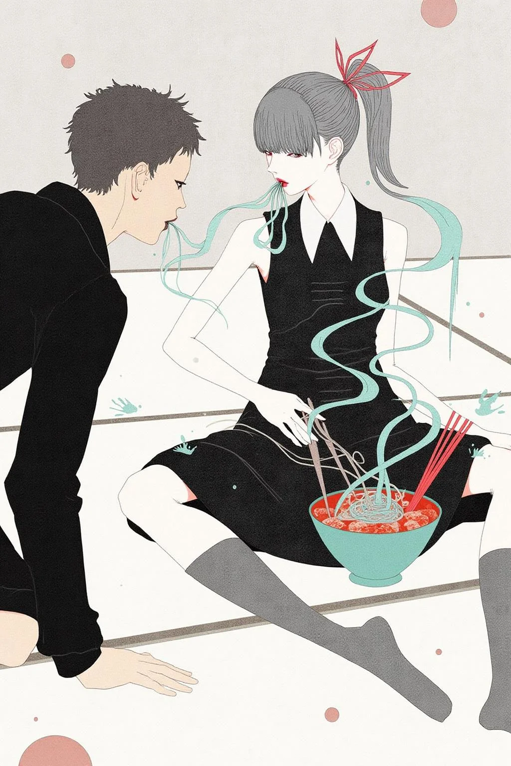 kchiba1 illustration.
On the right, a young woman with a slender, athletic build is seated on the ground. There is a bowl of hot ramen in front of her. She is slurping strands of noodles. On the left is a man, his back to the viewer, with his hand on the ground. <lora:kchiba1_cap_d6a3:1.0><lora:837656409849082065:0>