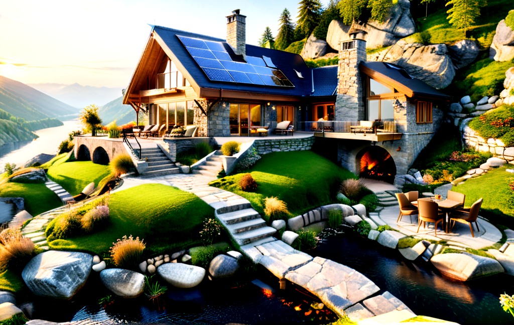 ultra-realistic image with high resolution and stable focus, correct and accurate anatomy, correct and accurate objects, different perspective, perfect detail, of an architectural style of a house built of stone and wood merging with nature, designed for ecological neutrality of natural materials, over a hill in the mountains, wide veranda, table chairs, barbecue, fire pit, swimming pool, dug into the rocks, covered with grass, steps, stone path, waterfall, lake, river, ultra realism, photo realism, single story, multi story, sloping, wind generators ,solar panels,sunset,birds in the sky <lora:fairytale_and_mythical_characters_r1:0.4> <lora:MJ52_v2.0:0.8> <lora:xl_more_art-full_v1:1>
