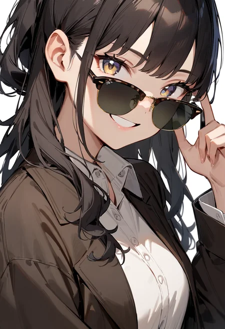 masterpiece, best quality, very aesthetic, absurdres,
1girl, solo, black hair, long hair,
sirmont, sunglasses, grey-tinted eyewear, brown-framed eyewear, yellow-framed eyewear, two-tone eyewear,
collared shirt, happy, smile, looking at viewer, adjusting eyewear, white background, simple background,
<lora:sunglasses_CLUBMASTER_SDXL_V1:1>