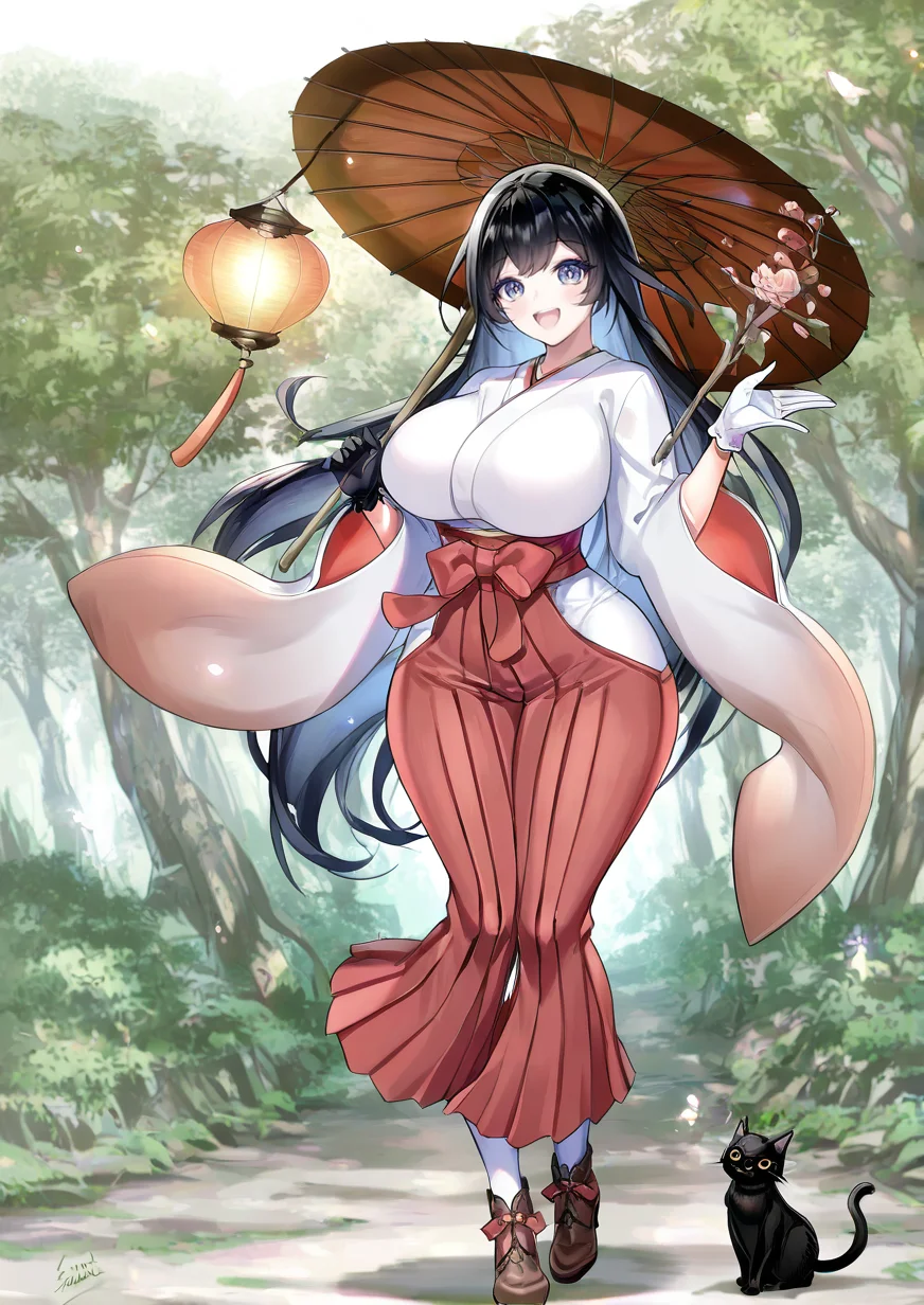 <lora:foomuchiã¿ã©ããµã:1>,1girl, enmusubi no kami (onmyoji), huge breasts, wide hips, :d, animal, asymmetrical gloves, black cat, black gloves, black hair, blue eyes, branch, brown footwear, brown umbrella, cat, gloves, hakama, hakama pants, holding, holding staff, japanese clothes, kimono, lantern, long hair, long sleeves, looking at viewer, mismatched gloves, oil-paper umbrella, outdoors, pants, pantyhose, red hakama, signature, smile, solo, staff, tree, umbrella, very long hair, white gloves, white kimono, white pantyhose, wide sleeves,
masterpiece, best quality, highres, absurdes,amazing quality