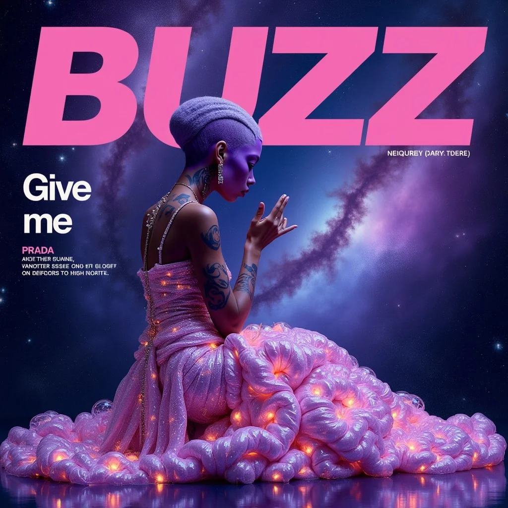 magazine_style, magazine cover, cover of "Give me BUZZ" fashion magazine, text "Give me BUZZ" behind the scene, a celestial galaxy backdrop with swirling stars and nebulae, an elegant alien woman with purple skin and glowing tattoos, she is beggin on her knees, dressed in an otherworldly Prada gown made of stars and light, embodying cosmic elegance. puppy face,