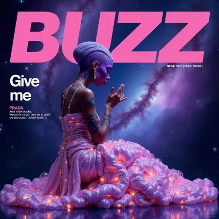 magazine_style, magazine cover, cover of "Give me BUZZ" fashion magazine, text "Give me BUZZ" behind the scene, a celestial galaxy backdrop with swirling stars and nebulae, an elegant alien woman with purple skin and glowing tattoos, she is beggin on her knees, dressed in an otherworldly Prada gown made of stars and light, embodying cosmic elegance. puppy face,