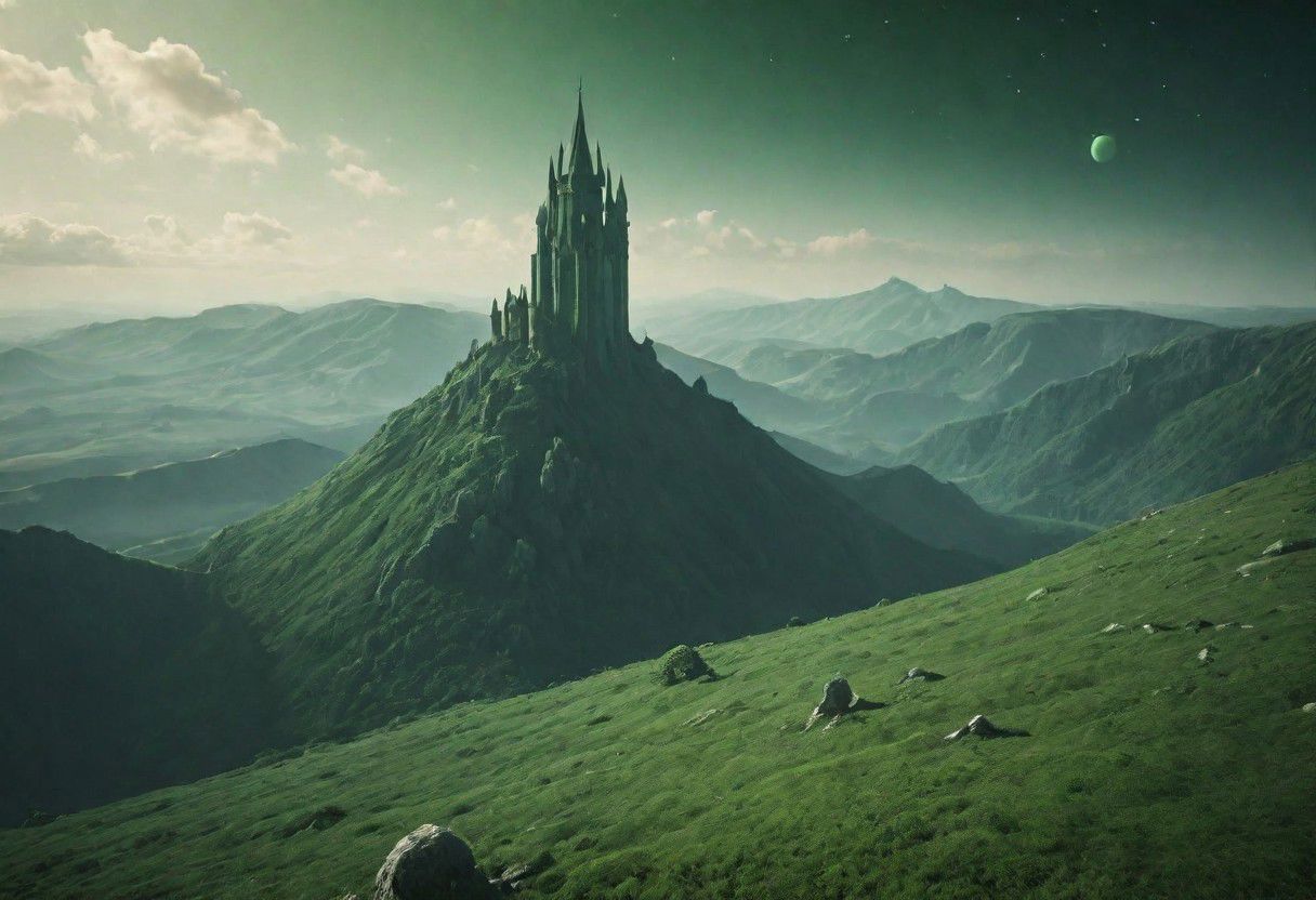 closeup of a green mountain planets surface with giant medieval tower visible on it,
atmospheric haze, Film grain, cinematic film still, highly detailed, high budget, cinemascope, moody, epic, OverallDetail, gorgeous, 2000s vintage RAW photo, photorealistic, candid camera, color graded cinematic, eye catchlights, atmospheric lighting, skin pores, imperfections, natural, shallow dof,