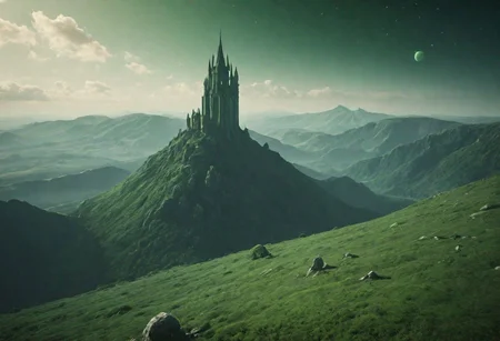 closeup of a green mountain planets surface with giant medieval tower visible on it,
atmospheric haze, Film grain, cinematic film still, highly detailed, high budget, cinemascope, moody, epic, OverallDetail, gorgeous, 2000s vintage RAW photo, photorealistic, candid camera, color graded cinematic, eye catchlights, atmospheric lighting, skin pores, imperfections, natural, shallow dof,