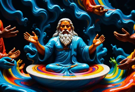 Create an image a god shaping a colorful and vivid world as if he is doing pottery with liquid marble. The inhabitants react scared to the large hands forming the world. The background is black.