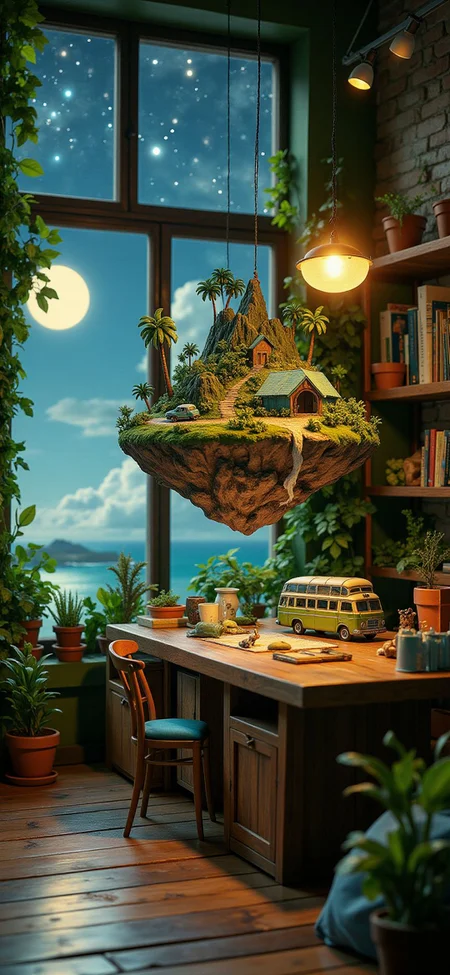 (indoor,very wide isometric view,tilt-shift lens:1.6), (windowless,fna_style,miniature,miniature,diorama,miniature,diorama,PVC,plastic:2),starry night jungle,beach,1950s town with bus  at (floating island,levitating  island:1.5) on (table:2) at (attic:2.5)   <lora:Diorama_Flux:1>
 <lora:Fantasy_Novel_Art_Style:1>