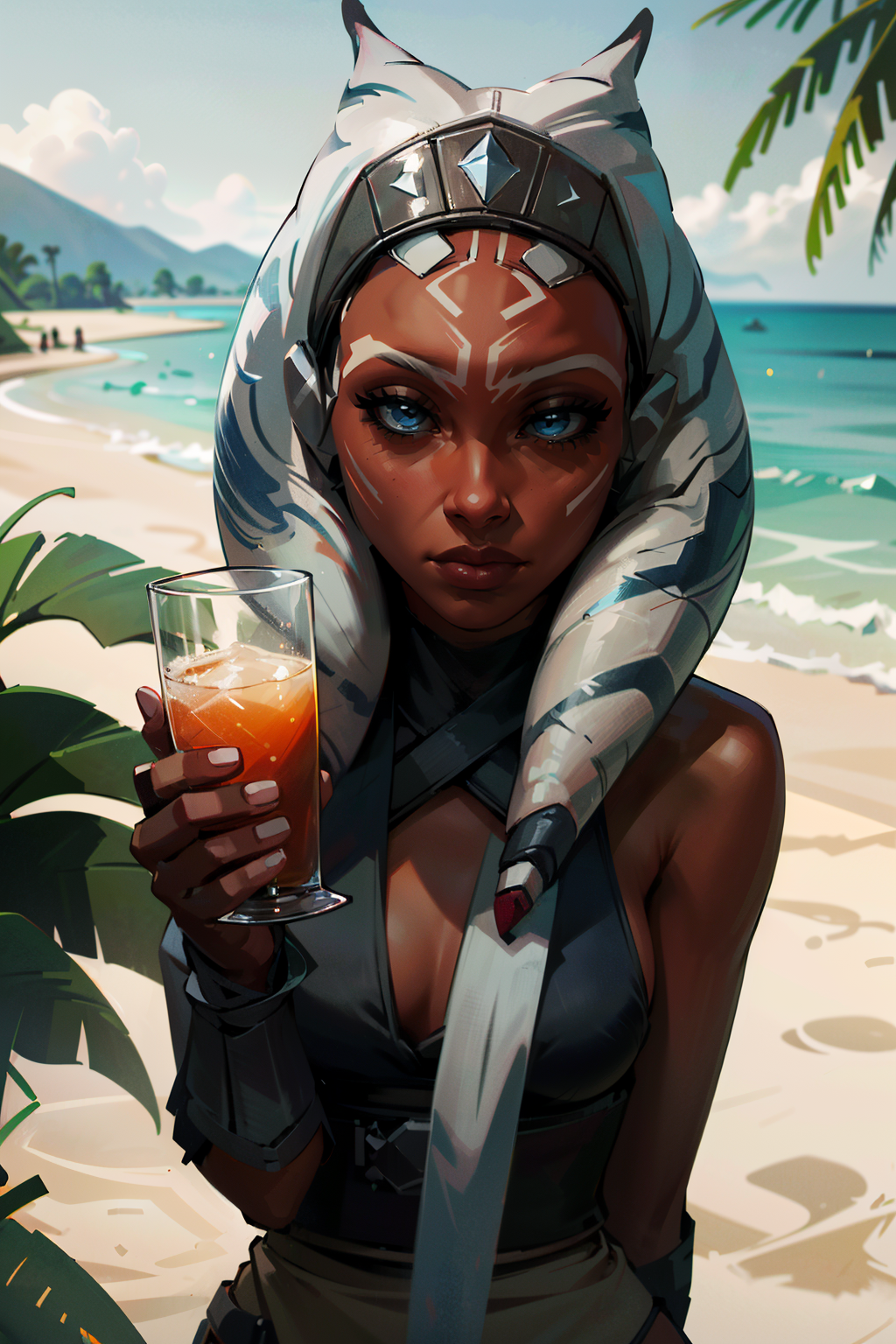 ((ultra detailed, masterpiece, absurdres))
StarWAhsoka, 1girl, dark skin, white facial mark, at a beachside resort, bikini, holding a colorful cocktail digital art, trending on artstation
<lora:StarWAhsoka:0.9>