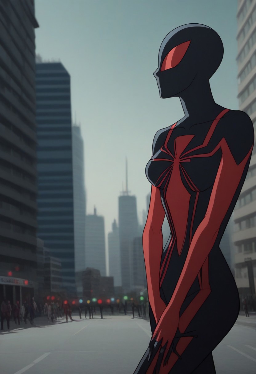 score_9, masterpiece, 2d,mjspiderwoman, bodysuit, mask, cartoon, city background