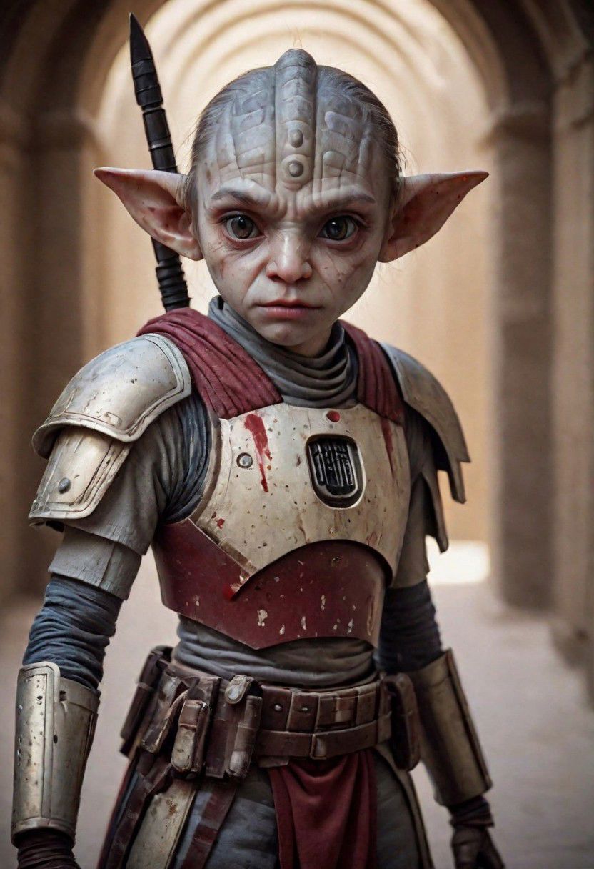 photography in the style of Labirynth movie, close up of (cute) and (sweet) creature with a (small) sword stained with (blood), inside a claustrophobic ancient and ruined labirynth ,fantasy,hyper detailed, real skin imperfections, hard lighting, bokeh, 18-20, Armor Star Wars