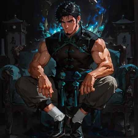 <lora:Na_Zhu__Alchemist_Code-000005:.75> tagatamezhu, zhu_black hair, zhu_green eyes, 1boy, short hair, single earring, solo, male focus, manly, mature male, bara, muscular male, tangzhuang, sash, tassel, accessories, pants, socks, shoes, blue fire
short hair, male focus, muscular male, muscular male, bara, mature, (hairy body, hairy, body hair, glossy skin, bara, mature, facial hair, beard, full beard, sideburn, mustache, stubble), facial hair, bara, mature, body hair, aixiwuganda_(20222192), very awa, masterpiece, best quality, absurdres, newest, perfect quality, detailed background, intricate details,, <lora:slider_Body Type_alpha1.0_rank4_noxattn_last:3><lora:Anime Summer Days 2 Style SDXL_LoRA_Pony Diffusion V6 XL:.6><lora:merged:.7>, DARK, DARK BACKGROUND, LOW-KEY LIGHTING <lora:slider_cfg_scale_boost:.7><lora:Artist6p:.55>, Artist6p, Artist04p,<lora:slider_il_contrast_slider_d1:-.25>,<lora:slider_contract_controller_illus01_v1:.3>, <lora:addon_illustriousXLv01_stabilizer_v1.121:.5>,<lora:Heavenly_Beauty_r1:1>, (heavenlybeauty,)<lora:slider_style_strength_controller_illus01_v1:.25>